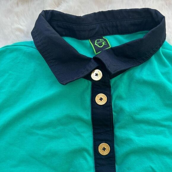C Wonder Long Sleeve Polo Shirt Collared Top Teal Navy Gold Buttons Preppy sz M - Picture 2 of 10
